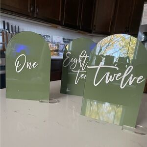 Elegant Olive Green Acrylic Table Number Signs - Script Font